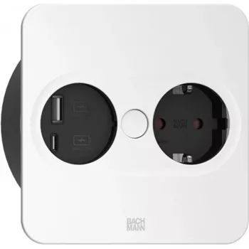 Bachmann TWIST 2 Metāla pārsega panelis, kvadrātveida, sudraba matēts lakots, 1xUTE Francijas ligzda melna ar pastiprinātu kontaktu aizsardzību, 1xUSB A/C 22W lādētājs, pievada kabelis 0,2m H05VV-F3G
