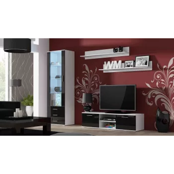 TV statīvs Cama Meble SOHO 140 — 1400×430×370 mm, balta virsma, melni spīdīgi fronti