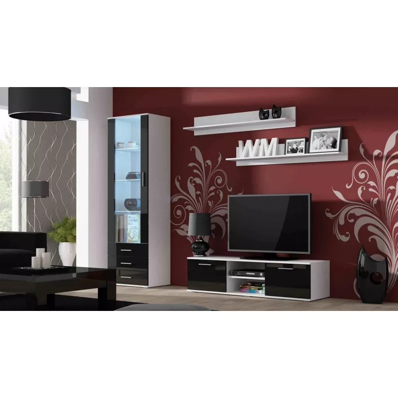 TV statīvs Cama Meble SOHO 140 — 1400×430×370 mm, balta virsma, melni spīdīgi fronti