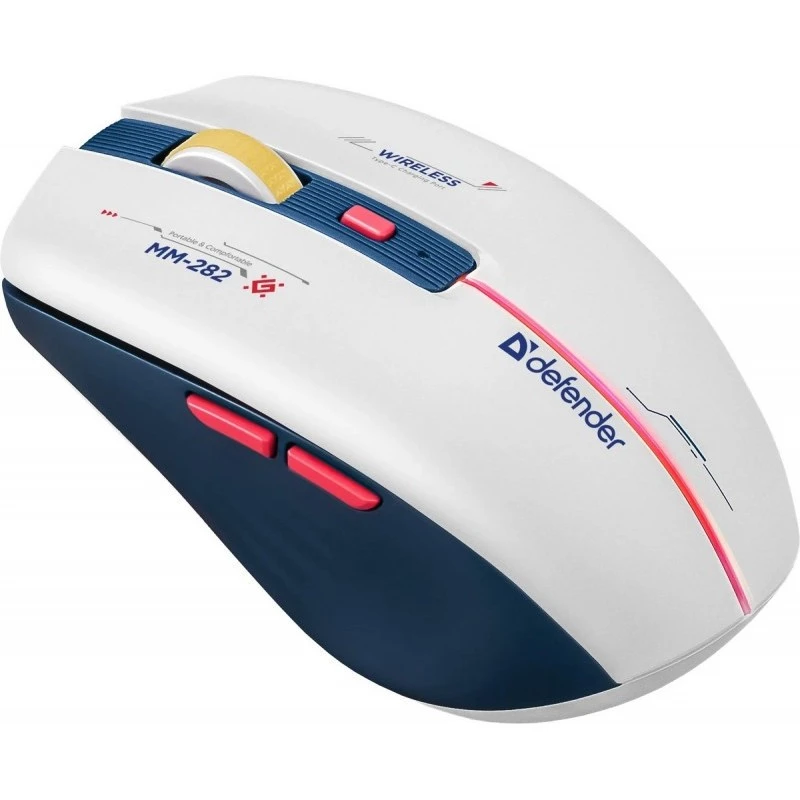 Bezvadu spēļu pele DEFENDER MM-282 RF — ambidekstrāla, optiskā 1800 DPI, 5 pogas, USB, baterija
