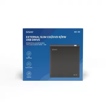 Ārējais Slim DVD±RW disks SAVIO AK-43, USB 2.0, melns, atbalsta CD/DVD lasīšanu/rakstīšanu (24x CD, 8x DVD)