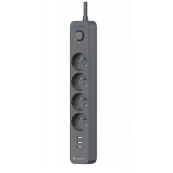 TRACER Power Line+ pārsprieguma aizsargs ar pagarinātāju 1.5m (4 kontaktligzdas + 3x USB-A, 5V 2.4A)
