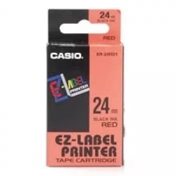 Lentu ruļļa CASIO XR-24RD1 — pašlīmējošās etiķetes melns uz sarkana, 2.4 cm × 8 m, 1 rullis