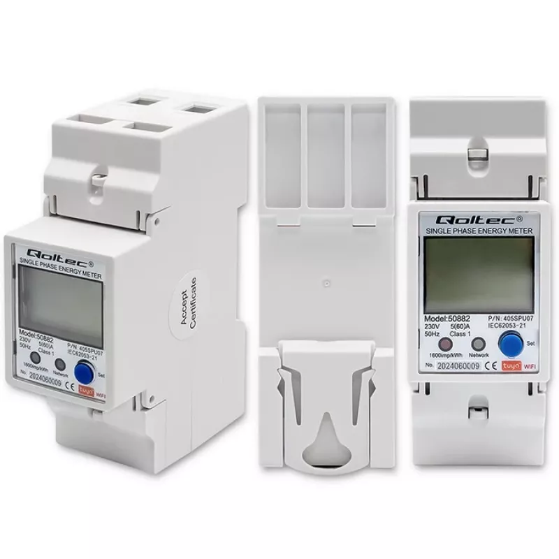 Qoltec 50882 Vienfāzes elektroniskais elektroenerģijas patēriņa skaitītājs DIN sliedei | Wi-Fi | TUYA | 230V | LCD
