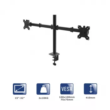 Akyga AK-MB-02 divu monitoru galda stiprinājums, 2 x 10 kg, VESA 75x75 / 100x100, 15–32", melns