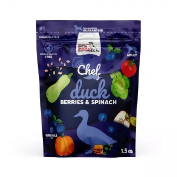 SYTA MICHA Chef Duck, ogas un spināti - sausā suņu barība - 1,5kg