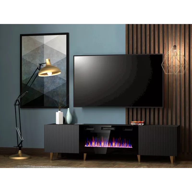 TV skapis Cama Meble PAFOS EF ar elektrisko kamīnu 180x42x49 cm, melns matēts, 2 durvis, 1400–1600 W