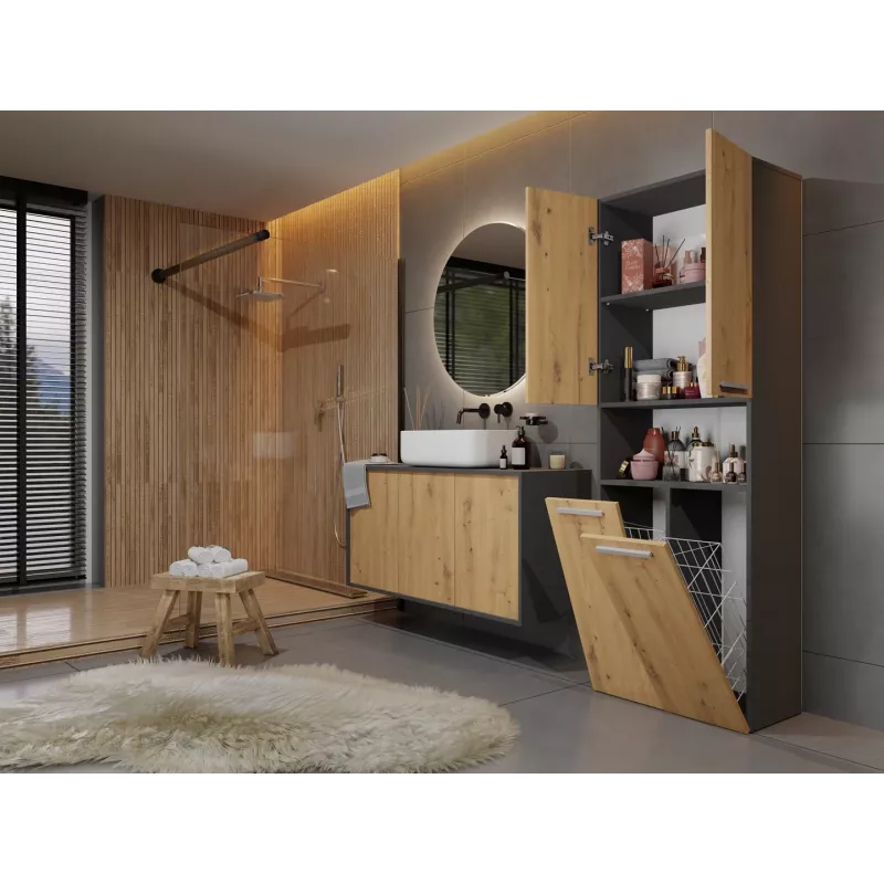 Vannas istabas skapis Top e Shop NEL 2K DK ANT/ART KP — Grafīts/Ozols, brīvi stāvošs, 600×300×1740 mm, 3 plaukti