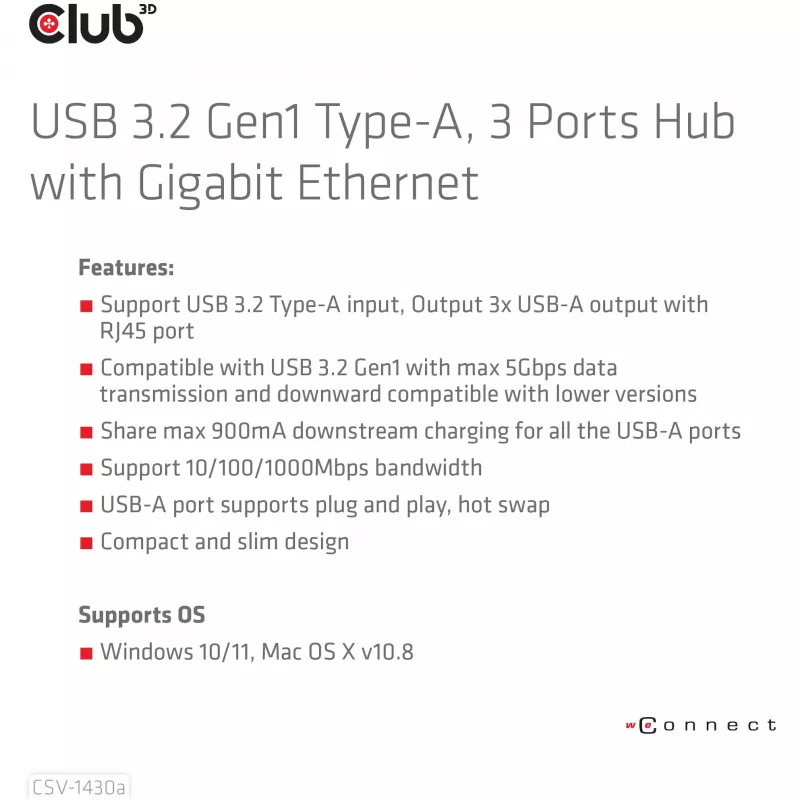 USB Hubs CLUB3D USB 3.2 Gen1 Type-A 3 Porti ar Gigabit Ethernet