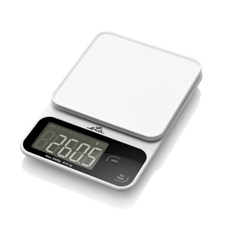 Virtuves elektroniskie svari ETA POPI Balts — max 5 kg, precizitāte 1 g, LCD displejs, AAA baterijas