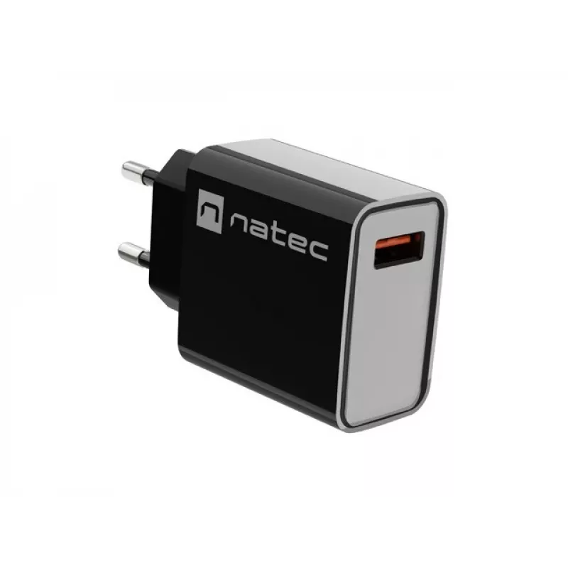 Natec Ribera NUC-2058 tīkla lādētājs, 18 W, 1x USB-A, līdz 3 A, Quick Charge 3.0, Samsung AFC, Huawei FCP/SCP, melns