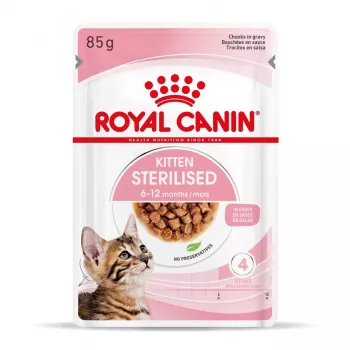 Slapjā barība kaķēniem Royal Canin Sterilised Gravy, 12 x 85 g paciņas — vistas gaļa, sterilizētiem kaķēniem