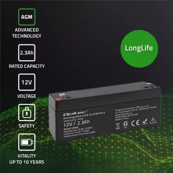 Noslēgts AGM akumulators QOLTEC 12V 2.3Ah UPS un rezerves sistēmām, maksimālā izlāde 34.5A