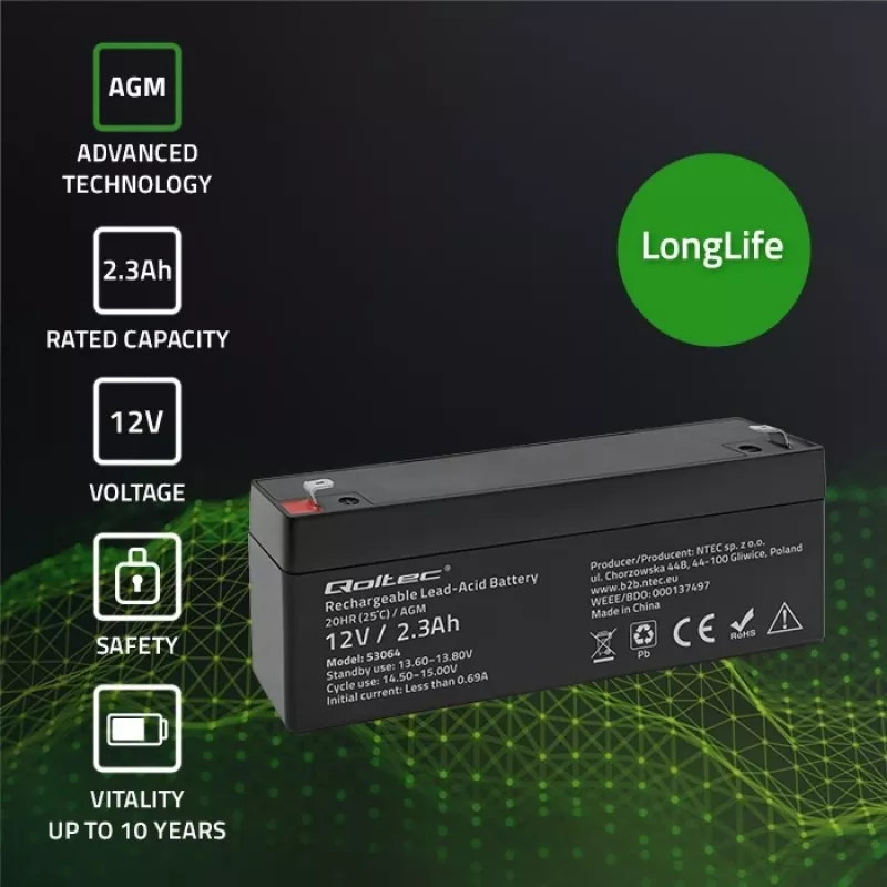 Noslēgts AGM akumulators QOLTEC 12V 2.3Ah UPS un rezerves sistēmām, maksimālā izlāde 34.5A