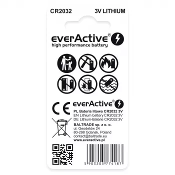 Litija monētveida akumulators everActive CR2032 — 3V, 20 mm, 2 gab. blisterī