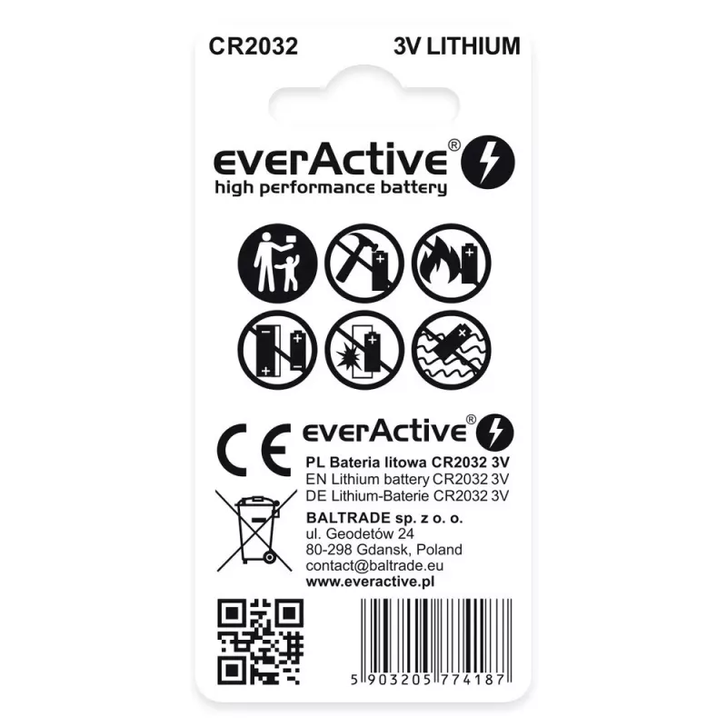 Litija monētveida akumulators everActive CR2032 — 3V, 20 mm, 2 gab. blisterī