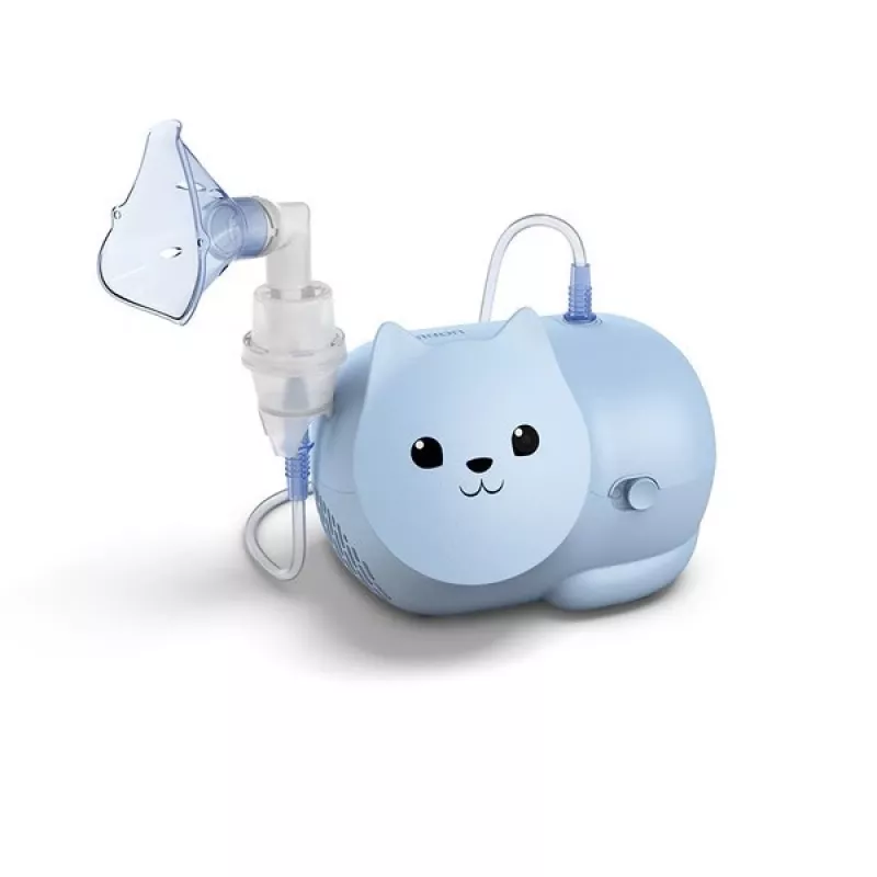 Miglas inhalators Omron Nami Cat NE-C303K-KDE — kompresoru inhalators, 0,35 ml/min, bērniem un pieaugušajiem, zils, W235×D148×H157 mm
