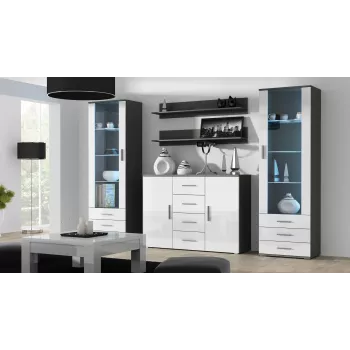 Sideboard Cama Meble UNI pelēks/balts spīdums, 2 durvis, 2 plaukti, 1320×380×920 mm