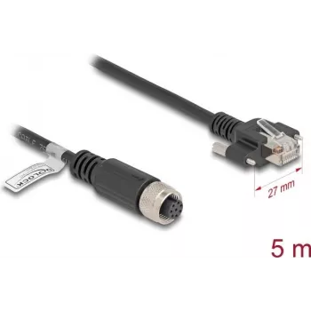 DeLOCK M12 A-kodēts 8 kontaktu sievišķais uz RJ45 spraudni Cat.5e tīkla kabelis 5m melns