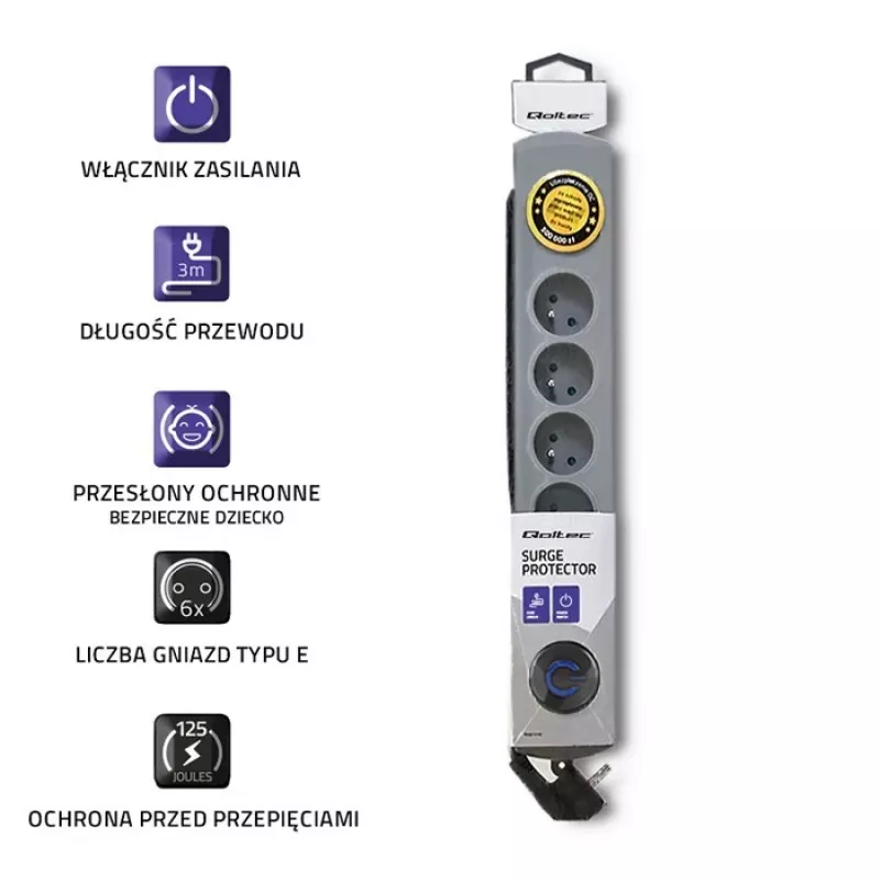 Pārsprieguma aizsargs Qoltec 50166 Pelēks 6 AC Kontaktligzdas 230V 3m