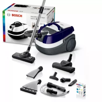 Slapjās un sausās tīrīšanas putekļsūcējs Bosch BWD 41740 AquaWash&Clean — 1700 W, 5 L tvertne, EPA filtrs, teleskopiskā caurule, 9 m rādiuss, violets