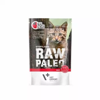 Slapjā barība kaķiem VETEXPERT RAW PALEO Adult Sterilised Beef 100 g paciņa, monoproteīns, 78% mitrums