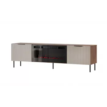 TV skapis Cama Meble ALMERA 180.5×42×52.5 cm valrieksts/krems ar melnu kamīnu