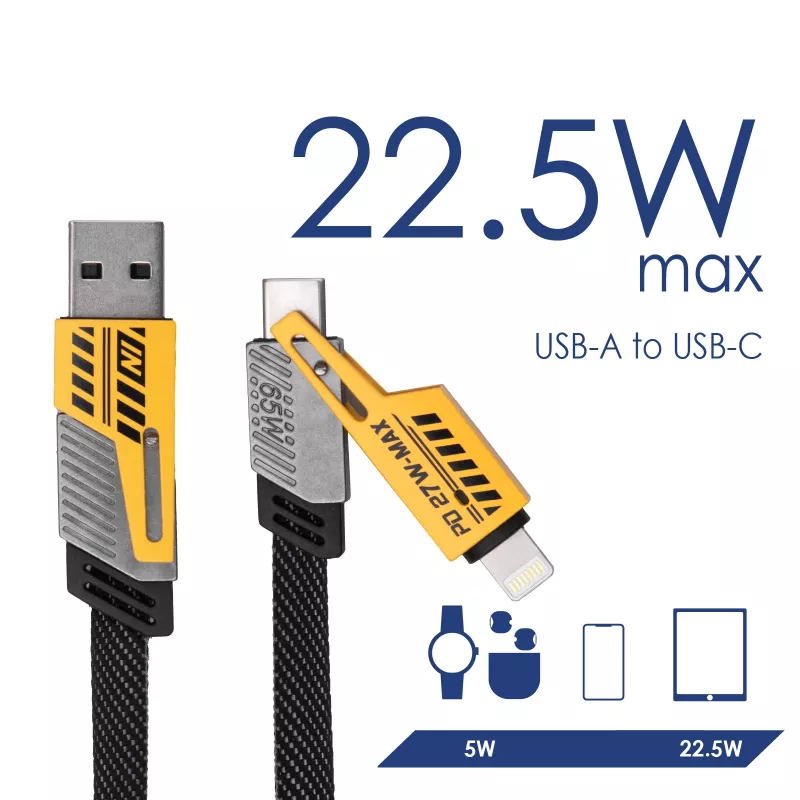 Akyga AK-USB-57 4-in-1 pīts kabelis USB-A/USB-C – USB-C/Lightning, USB 2.0, 65 W, 1 m, pelēks