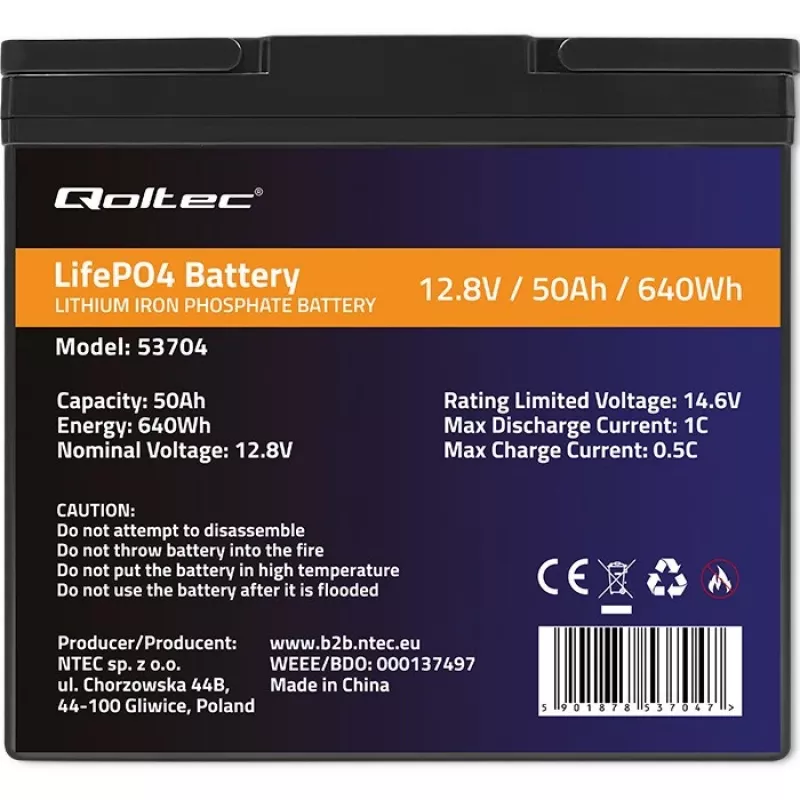 LiFePO4 akumulators QOLTEC 12.8V 50Ah (model 53704) rezerves barošanai un enerģijas uzkrāšanai