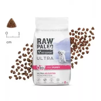 Sausā suņu barība VETEXPERT RAW PALEO Ultra Mini Puppy Pork 2 kg – pilnvērtīga barība rotaļu un mazo šķirņu kucēniem, 33% olbaltumvielas, 19% tauki