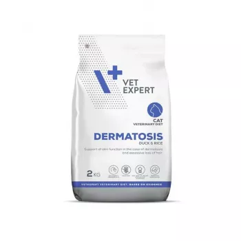 Sausā barība kaķiem VETEXPERT Veterinary Diet Dermatosis Pīle & Rīsi 2 kg — hipoalerģiska veterinārā diēta ādas problēmām, 32% olbaltumvielas, 18% tauki