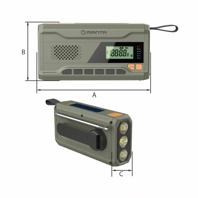 Portatīvais FM radio MANTA RDI401G ar saules paneli, dinamo rokturi, 4000–4500mAh akumulatoru, 5V USB izeju, 3W, lukturīti