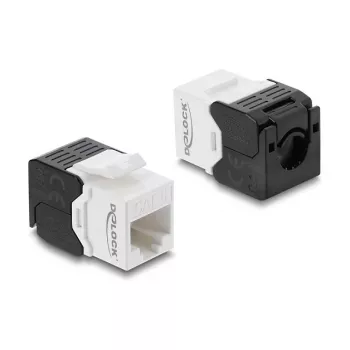 Keystone modulis DELOCK RJ45 uz LSA Cat.6 UTP bezinstrumentu, plakans, 16,2×28,2×19,4 mm, melns/balts