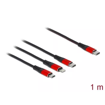 USB uzlādes kabelis DeLOCK 3 in 1 USB Type-C uz Lightning Micro USB USB Type-C 1 m melns sarkans