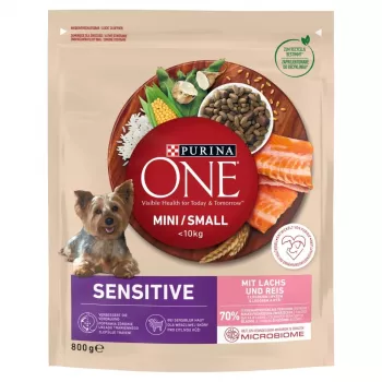Sausā suņu barība Purina Nestlé One Mini/Small Sensitive Salmon & Rice 800 g – mazām šķirnēm (5–10 kg), senioriem, 27% olbaltumvielu, 17% tauku
