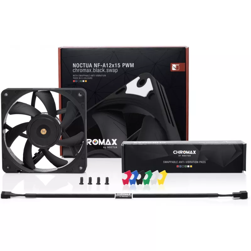 Noctua NF-A12x15 PWM CH.BK.S klusais plānās korpusa ventilators, 120 mm, 15 mm biezums, 12 V, PWM, 450–1850 RPM, 94,2 m³/h, 23,9 dB, SSO gultnis