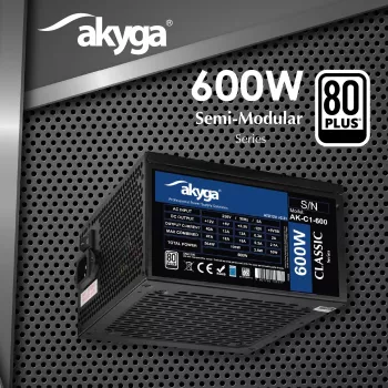 Akyga Classic AK-C1-600 ATX barošanas bloks 600 W, 80 PLUS, aktīvais PFC, 120 mm ventilators
