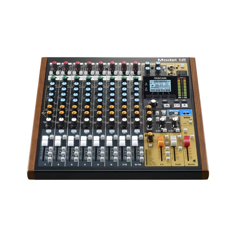 Tascam Model 12 10 kanālu mikseris ar 12 celiņu ierakstītāju, 20–20000 Hz, melns/koks