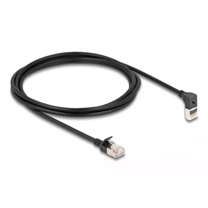 Delock tīkla kabelis - RJ-45 (vīriešu) augšup leņķveida uz RJ-45 (vīriešu) taisns - 2,0 m - 4,5 mm - S/FTP - CAT 6a - ekranēts, bez halogēna - melns (80288)