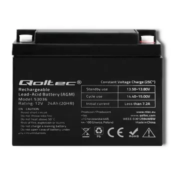 Qoltec 53036 AGM akumulators | 12V | 24Ah | max 360A