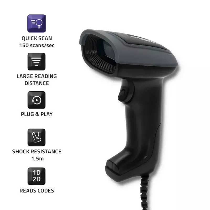 Rokas svītrkodu lasītājs QOLTEC 50863 — 1D/2D skeneris, USB vads, LED sensors, melns, 5V, 1.8 m kabelis