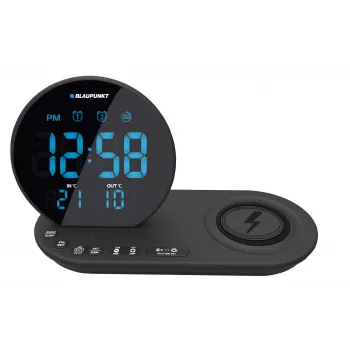 Blaupunkt CR85BK pulksteņa radio ar FM PLL, USB lādētāju, bezvadu uzlādi, iekštelpu/āra temperatūras rādījumu, melns