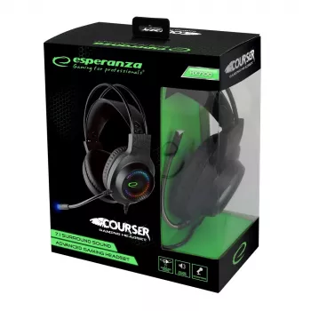 Vadu austiņas ESPERANZA EGH7100 — spēļu austiņas, USB 2.0, 1.5 m kabelis, buma mikrofons, RGB galvas saite, 32 Ω, 4 cm draiveri, 269 g