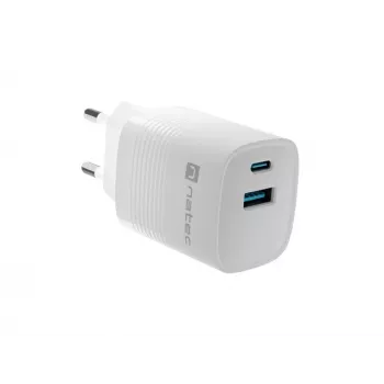 Vadu mobilās ierīces lādētājs NATEC NUC-2140, 30W, USB-C PD 3.0 + USB-A, Samsung AFC, Balts