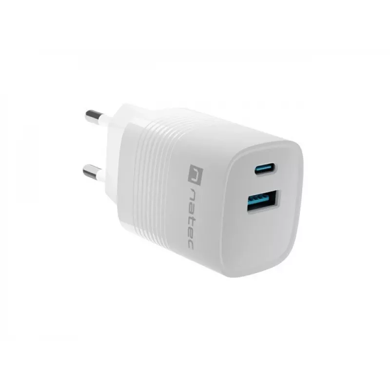 Vadu mobilās ierīces lādētājs NATEC NUC-2140, 30W, USB-C PD 3.0 + USB-A, Samsung AFC, Balts
