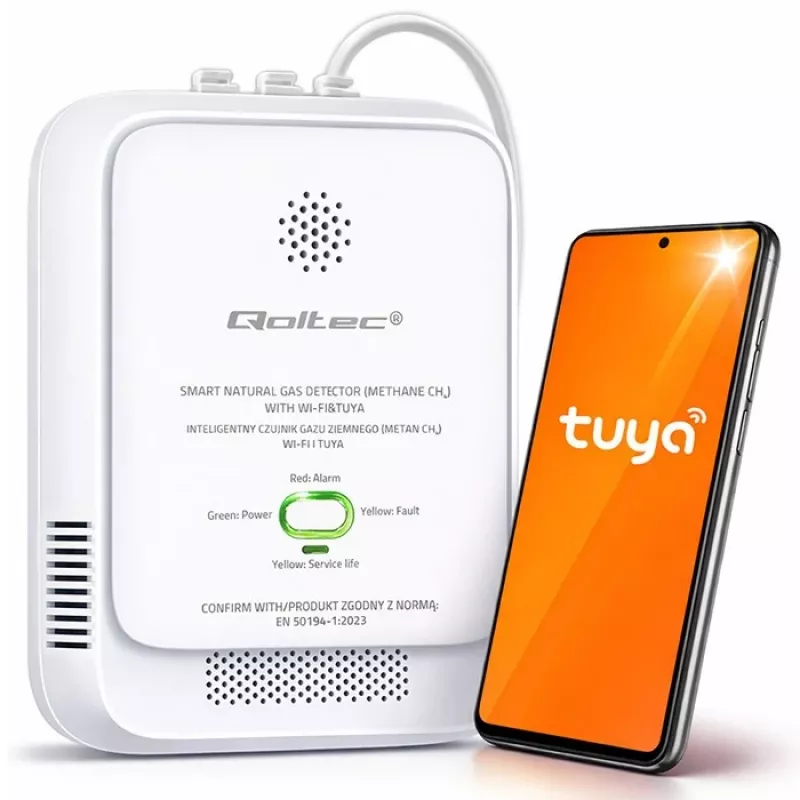 Gāzes noplūdes detektors QOLTEC NG Tuya — dabasgāzes (CH4) sensors, vieds Tuya-saderīgs