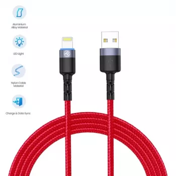 USB–Lightning datu kabelis Tellur, 3A, 1.2 m, LED indikators, sarkans