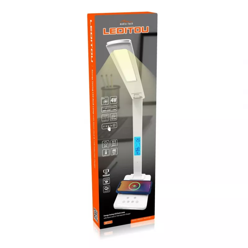 Media-Tech MT222 Leditou LED galda lampa ar 15 W Qi bezvadu uzlādi, pulksteni, modinātāju, termometru, baltā krāsā
