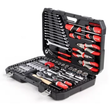 Mehāniķa instrumentu komplekts YATO YT-38901 — 122 daļas, uzgriežņu atslēgas 12–32 mm, griežņi, skrūvgrieži, āmurs, knaibles, hromēts