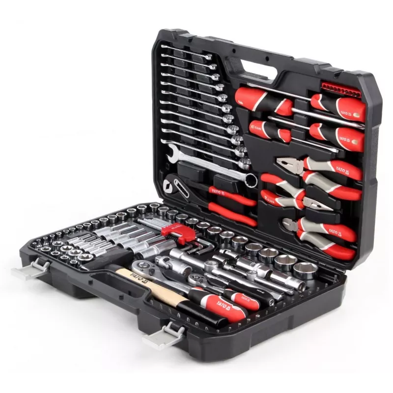 Mehāniķa instrumentu komplekts YATO YT-38901 — 122 daļas, uzgriežņu atslēgas 12–32 mm, griežņi, skrūvgrieži, āmurs, knaibles, hromēts